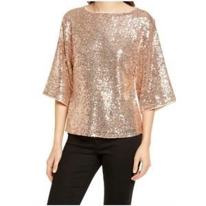 CHELSEA28 Sequin Crewneck Short Sleeve Top In Beige- Silver‎ Sequin NWT Size XS